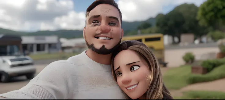 An illustration of an adorable couple, Destacando um homem e uma mulher com beleza, Expressive eyes – the mans hair is brown and he has a full beard, while the womans hair is merna and blonde strands. Its a bright space, Todos com um sorriso no rosto, e co...