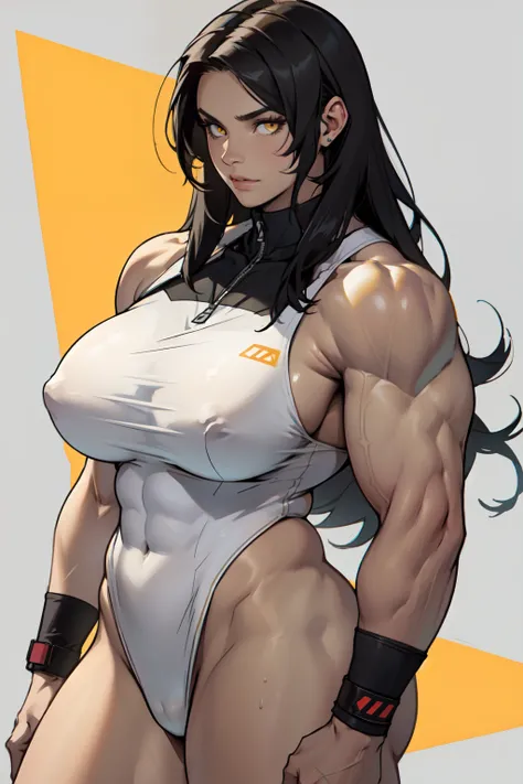 (1girl) pale skin huge breasts (muscular)) toned body thick thighs black hair yellow eyes (swimsuit long hair grey background) bodybuilder