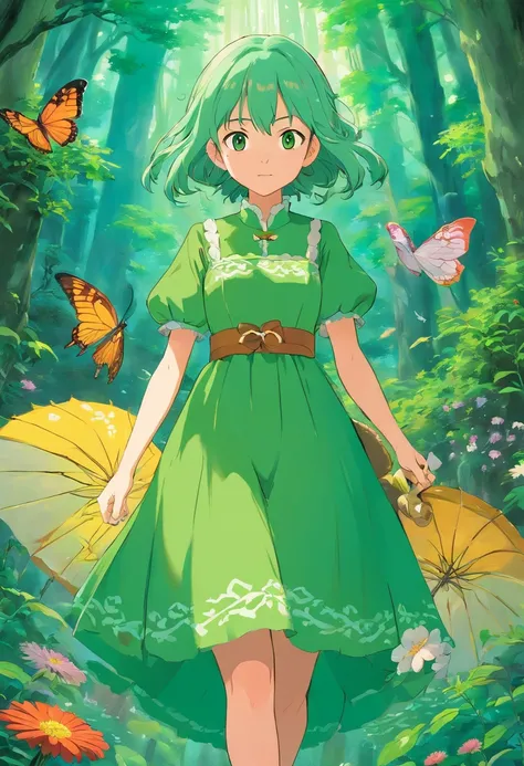 Uma garota loira com vestido verde