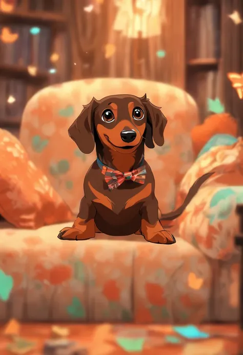 （the whole body is brown：1.8），Brown miniature dachshund，on a couch，Looking at the camera，（Face bow：1.5），Looks like a lot of fun，biologically correct、Healing Poses