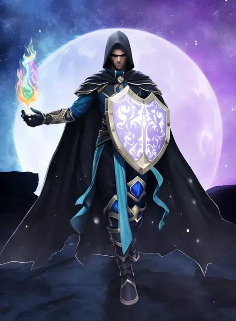 Full Portrait Of An Ethereal Archmage Human From Darkness And Magical Twilight Arcanist In Dark Cloak Dark Hood, Arcane Man Holding a Shield and Conjuring Arcane Magic Fire, Karthus de League of Legends, Noturno de League of Legends, Arsen Lupin as a Magic...