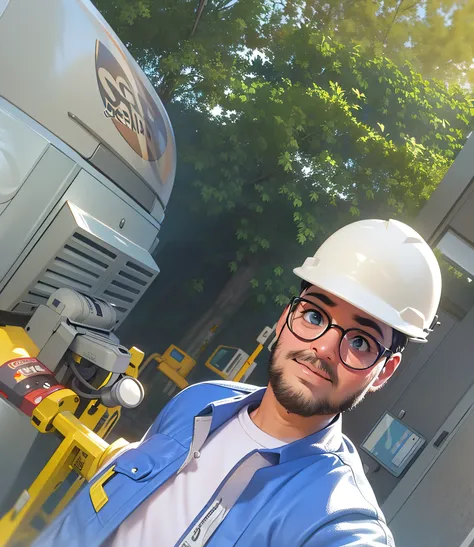 um homem de 35 anos de jaleco azul e camisa branca, White helmet at a natural gas station