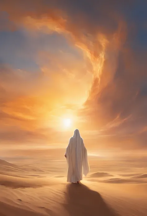 best quality, masutepiece, 超A high resolution, (fotos realistas:1.4), Surrealismo, Jesus Christ walks hand in hand with a frightened 10-year-old child in a desert with bright sun and sand glistens with reflection and flying beings with demonic features fly...