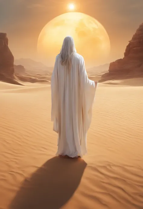 best quality, masutepiece, 超A high resolution, (fotos realistas:1.4), Surrealismo, Jesus Christ walks hand in hand with a frightened 10-year-old child in a desert with bright sun and sand glistens with reflection and flying beings with demonic features fly...