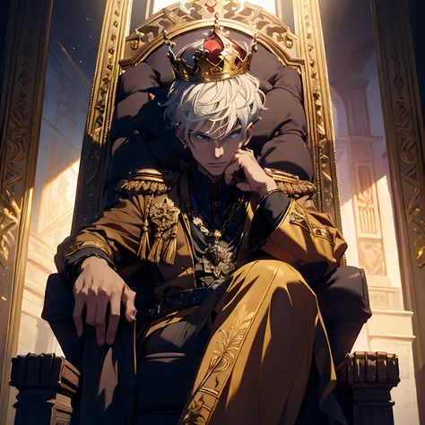 (a boy with a crown, throne, sitting, white hair, posing like a tyrant king, blue eyes), oil painting, regal background, detaile...