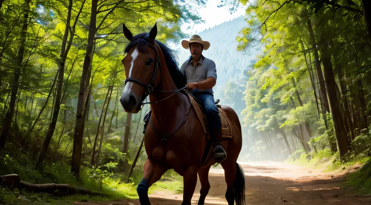 Descreva uma cena pitoresca no interior de uma densa mata, Where 1 rustic-looking man, Wearing a wide-brimmed hat, He is mounted on top of a majestic tordillo horse. The horse is imposing, com uma pelagem de tons de cinza mesclados e uma postura orgulhosa,...