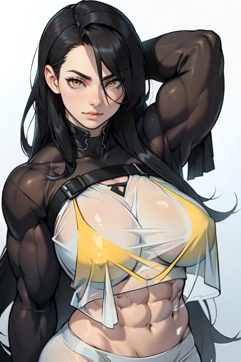 huge breasts pale skin very long hair black hair yellow eyes ((((((1 girl)))))) (((((muscular))))) (see-through shirt)