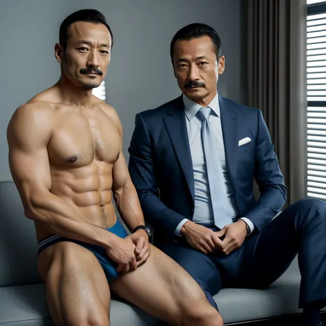 aged 40，Hidetoshi Nakata ，（Kogoro Mouri 1.3），Two skinny men together，Naked upper body，Thick body hair，Crotch contour，Wear light blue sexy briefs，with mustache，tmasterpiece，k hd，black long socks，the feet，Business suit