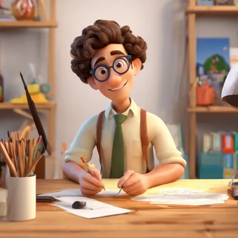 Crie um cartaz inspirado na Disney Pixar com o personagem sendo o professor Fabiano Sales, A curly short haired man wearing glasses, em uma sala de aula com um piloto de quadro branco sobre a mesa