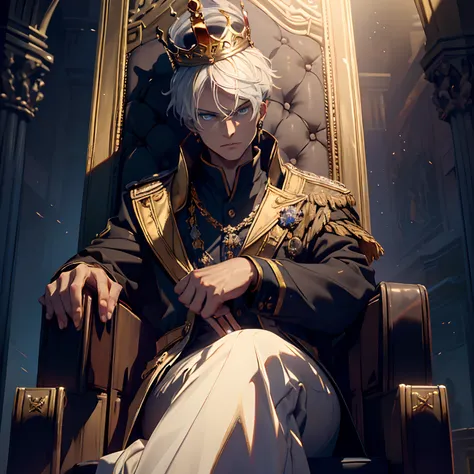 (a boy with a crown, throne, sitting, white hair, posing like a tyrant king, blue eyes), oil painting, regal background, detaile...