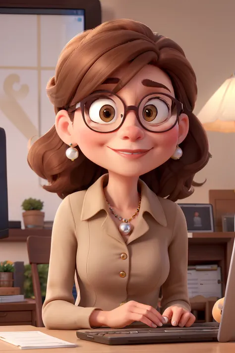 Mulher de 60 anos, medium long brown hair, Beige cat-eye glasses and small pearl earring, Shes sitting working in front of a laptop, segurando uma caneta azul