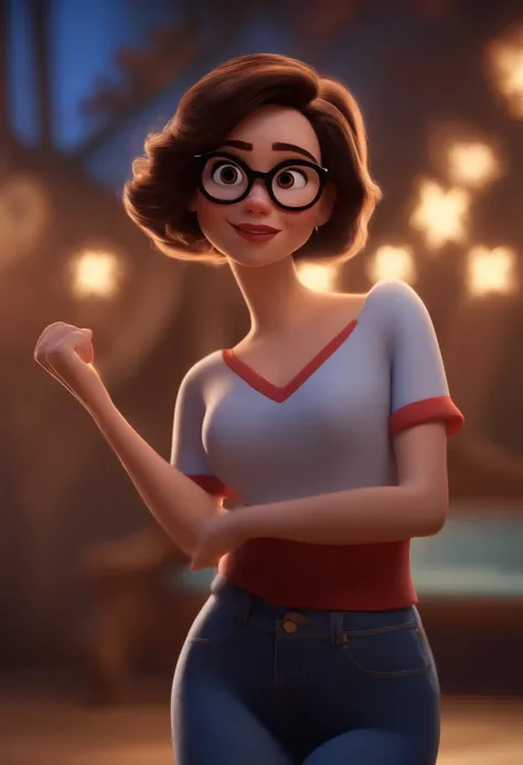 Pixar style image with 3D character white glasses brunette woman short straight hair dancing, Maquiagem Disney,Pescador, bonitinho, sorridente ,Close-up, Pixar, Disney, Cinema lighting,