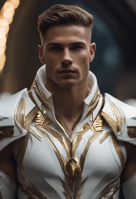 Homem com cabelo cacheado curto, pele branca, olhos cinzentos, Defined and athletic body, White science fiction outfits with gold details, Aguardar com interesse, confiante,