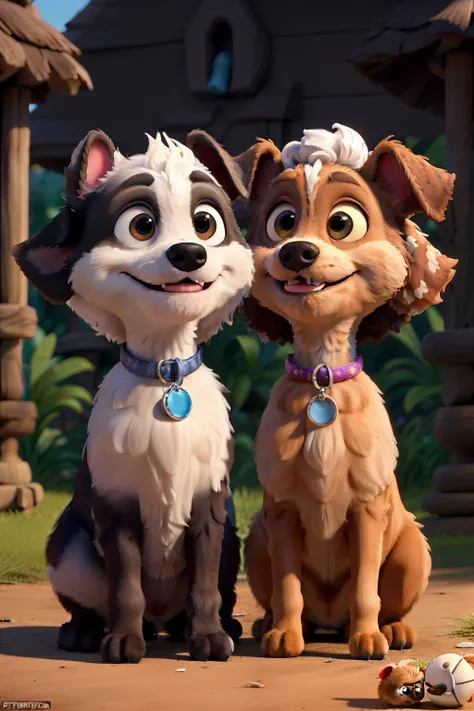 Imagem feita como disney pixa, Two Shitzu dogs, uma com a pelagem branca com preto, a outra com a pelagem branca,preto e caramelo, title "JADDY & MAYA", fundo bem colorido com ossos, bolinhas e patinhas rosas