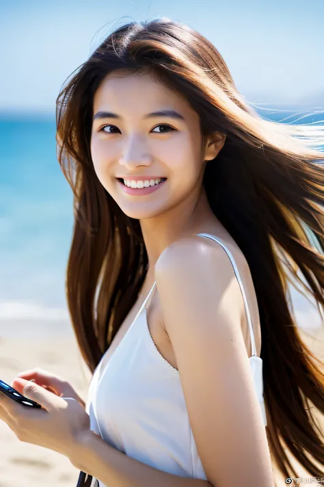 1 Girl using a smartphone in the beach at noon、walking in the street、Walking、Gaze to the side、A delightful、Beautie、Tremendously beautiful、dual、A slender、a smile、The long-haired, high quality image, high resolution in detail, try-x, ISO1600, super realistic...