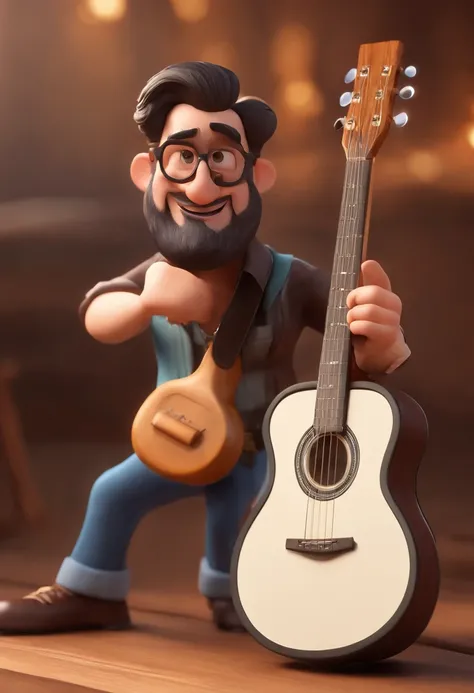 personagem de desenho animado de um homem com, barba curta e preta, cabelo curto com topete, playing the guitar, animation character, Caractere estilizado, animation style rendering, 3D estilizado, Arnold Maya render, 3 d render stylized, toon render keysh...