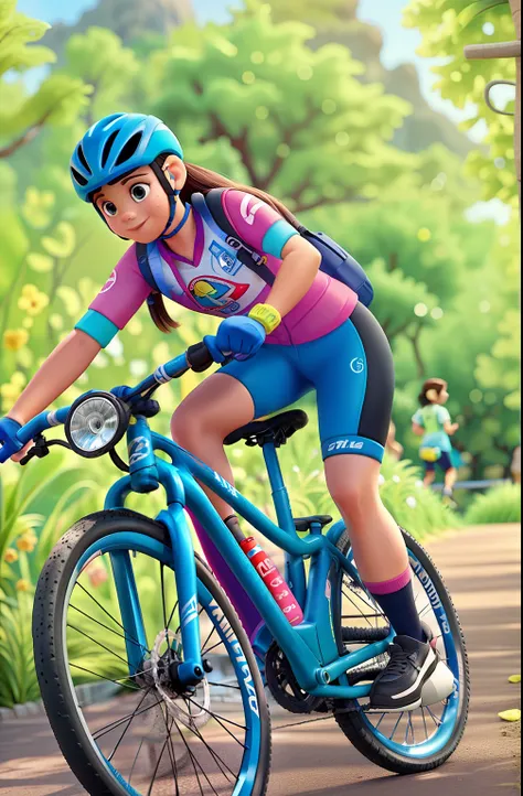 uma ciclista branca, in a childrens clinic, estilo disney pixar, alta qualidade, montainbiker.