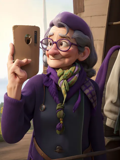 masterpiece, best quality, an old woman with glasses and a scarf on, wearing a purple coat and green scarf, standing at the park