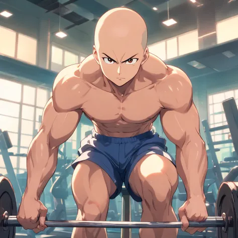 Saitama ((careca)), Um homem de soco, masculino, Working out intensely in a bodybuilding gym, Well-defined and detailed muscles,