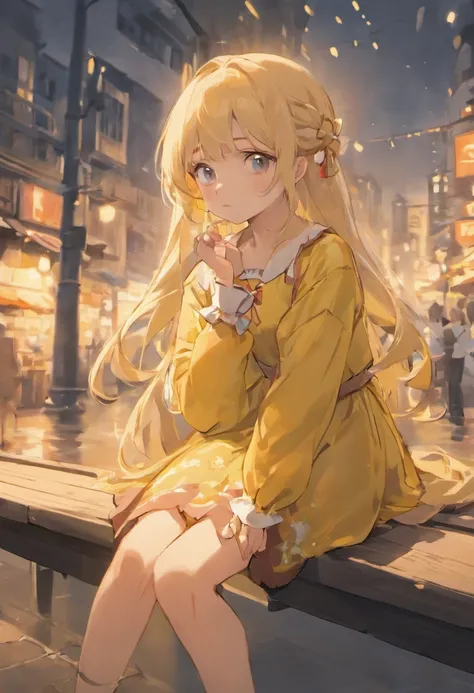 Blonde girl sitting on bench in summer dress, Shes sad with her hands on her chin.