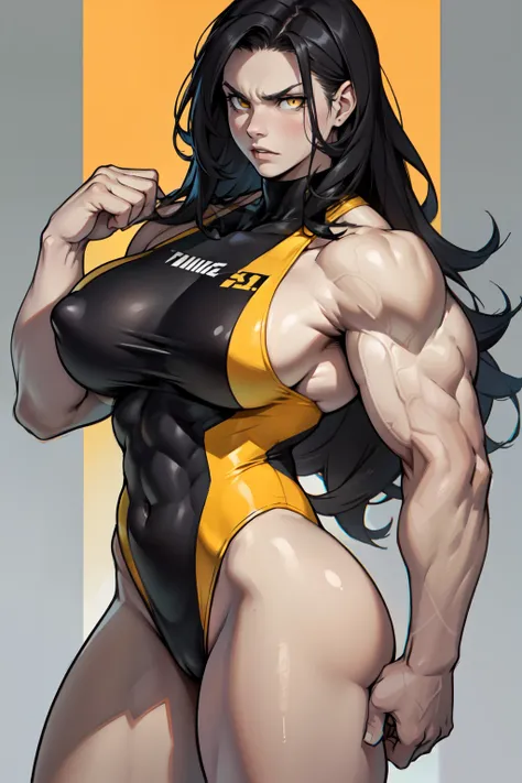 (1girl) pale skin huge breasts (muscular)) toned body thick thighs black hair yellow eyes (swimsuit long hair grey background) bodybuilder angry