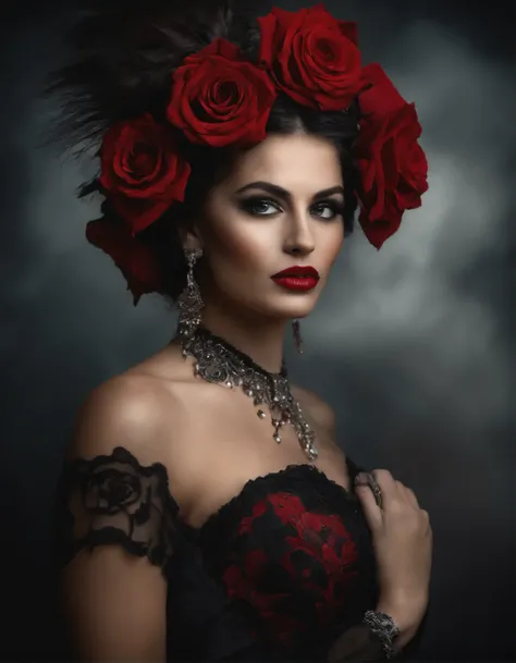 Retrato de uma Mulher branca com piercing no nariz, cabelo vermelho intenso escuro, escarlate, olhos cor de mel, vestido preto e nariz grande. Half of her face is a skull with a red rose in her hair