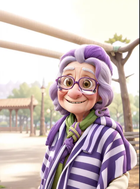 masterpiece, best quality, an old woman with glasses and a scarf on, wearing a purple coat and green scarf, standing at the park