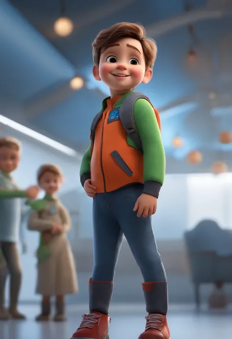 a happy cute kid standing short hair, vestindo uma fantasia espacial, , fundo branco, barnet, Tom, Estilo Pixar, ....3d, desenhos animados, rosto detalhado, asymmetrical 16k