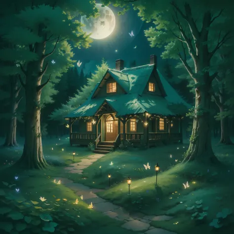 A cabin in the heart of the tranquil forest, lit from within, casting a soft, inviting glow amidst the surrounding darkness. The sky above is mesmerizingly deep blue, interspersed with fluffy clouds, twinkling stars and ethereal crescent moons. To add to t...