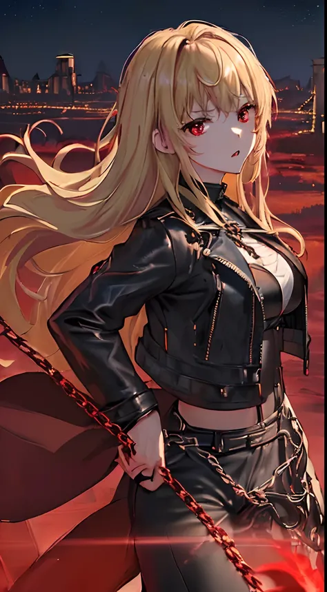 top-quality、Top image quality、​masterpiece、girl with((cute little、18year old、Best Bust、Medium bust、Bust 85,Red eyes to issue、Breasts wide open,Valley、Blonde long hair、A slender、Black leather bra、Black leather jacket、White trousers、astonished face、Follow yo...