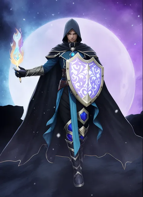 Full Portrait Of An Ethereal Archmage Human From Darkness And Magical Twilight Arcanist In Dark Cloak Dark Hood, Arcane Man Holding a Shield and Conjuring Arcane Magic Fire, Karthus de League of Legends, Noturno de League of Legends, Arsen Lupin as a Magic...