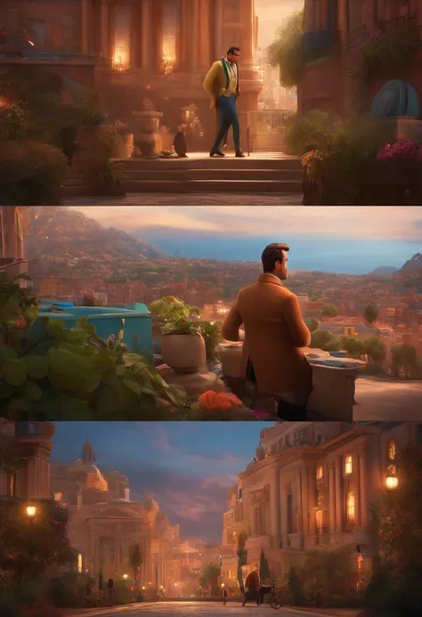 A city councilman looking at a dream project inspired by Pixar animation, de perto. The character takes center stage with captivating facial expressions, oferecendo um toque de irrealidade