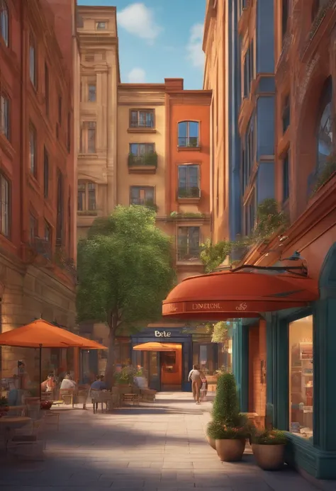 Pixar 3D-style drawing of a slimming clinic in the city center with a character in the foreground