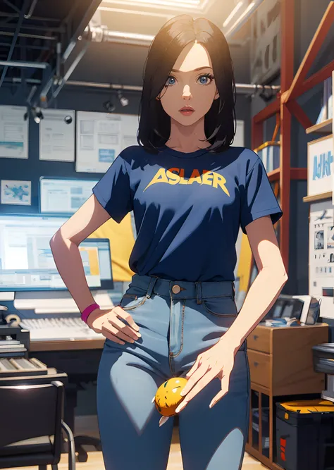 Create a Pixar 3d Animation Style Woman, pele branca e olhos castanhos, cabelos pretos longos e liso, wearing a pink t-shirt and navy blue denim jumpsuit, modelando bonecos em massinha, in his studio