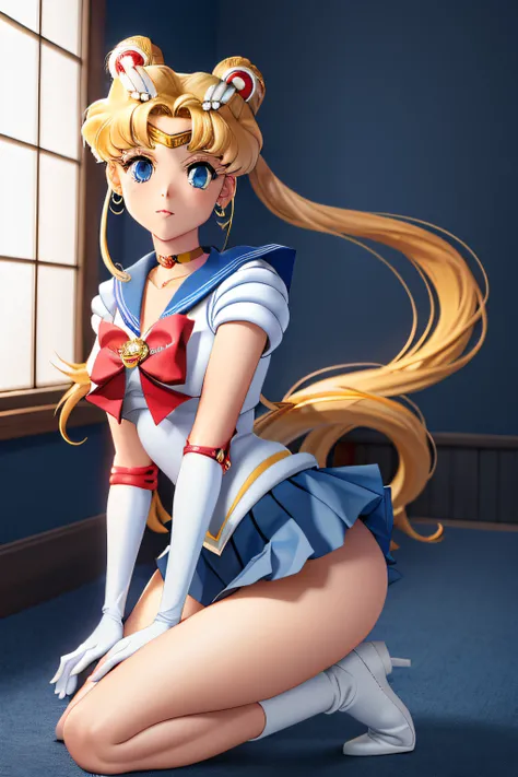 masterpiece, best quality, high resolution, 1 girl, solo, sailor senshi uniform, SMMoon, 1990s (style), blonde hair, magical girl, blue eyes, blue skirt, elbow-length gloves, tiara, pleated skirt , blue sailor necklace, miniskirt, choker, blue choker, whit...