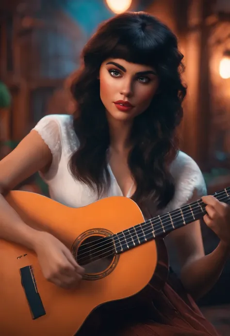 Uma cantora @Black-haired singer Emykastro with bangs playing guitar looking at a dream project inspired by Pixar animation, de perto. The character takes center stage with captivating facial expressions, oferecendo um toque de irrealidade