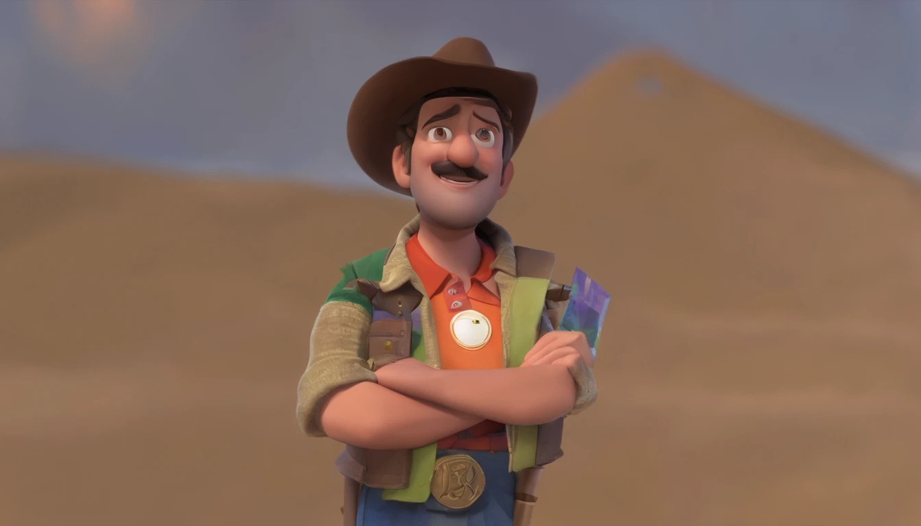 Criar um personagem no estilo Pixar. Trata-se de um homem de 35 anos, com barba, pardo, com cabelos pretos curtos e um quiff, e olhos pretos. Ele deve estar na frente de um carrobranco, Trabalha como motorista