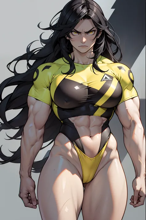 (1girl) pale skin huge breasts (muscular)) toned body thick thighs black hair yellow eyes (swimsuit long hair grey background) bodybuilder angry