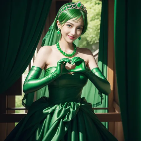 emerald tiara, Green Pearl Necklace, Boyish very short green hair, lipsticks, Japan woman smiling, very short short hair,  big breasts beautiful, Green eyes, Long green gloves made of satin material, Green eyes, Emerald Earrings, green vale, Heart with bot...