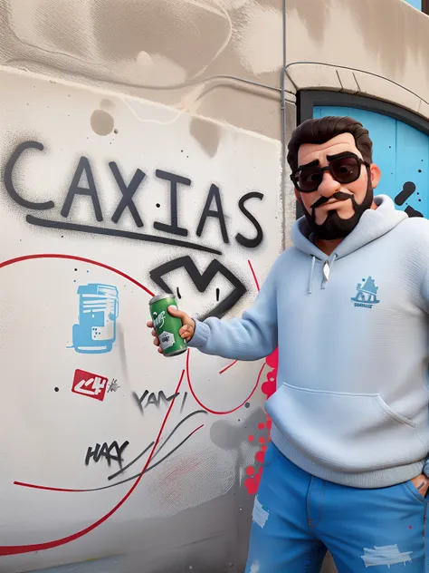 Man in sunglasses and a sweater holding a can of beer, grafite ao fundo, grafite no fundo, Graffiti Buff, graffiti on the walls, parede com grafite, salpicado com arte de grafite, graffiti on the wall, segurando uma garrafa de arak, graffiti on walls, graf...