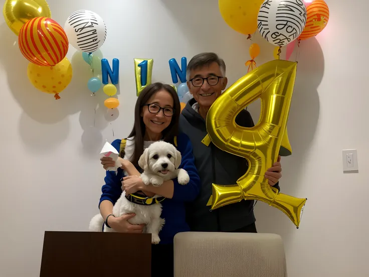 50-Year-Old Couple Is Posing With A Dog And A Number Four Balloon, -n4, - n 4, -n 4, Directed by: Emma Andijewska, Feliz!!!, segurando um shitszu para uma foto, with dogs, 🤬 🤮 💕 🎀, holding a balloon, muito feliz!, with his hyperactive little dog, celebrati...