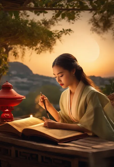 A photo of a beautiful girl in a traditional Chinese dress looking at the ancient Chinese book under the lamp on a low table in the garden surrounded by ancient walls on a peaceful evening,((His right holds a pen and his left hand places it on the table)),...