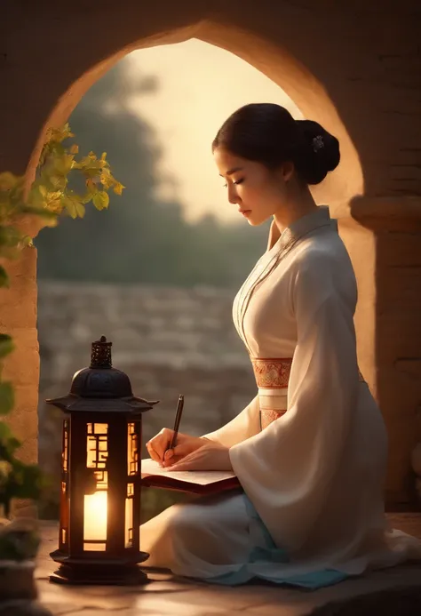 A photo of a beautiful girl in a traditional Chinese dress looking at the ancient Chinese book under the lamp on a low table in the garden surrounded by ancient walls on a peaceful evening,((His right holds a pen and his left hand places it on the table)),...