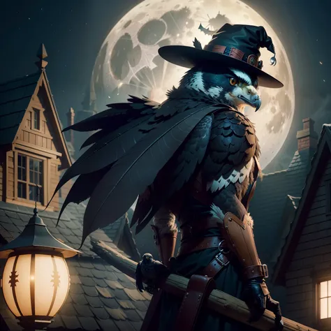 Falcon wears a Halloween hat...，（master-piece，bestquality：1.2），Best Lights，best shadows，Show background, . . . . . . . . . . . . . .bat,full big moon,Old House,stylized 3d render