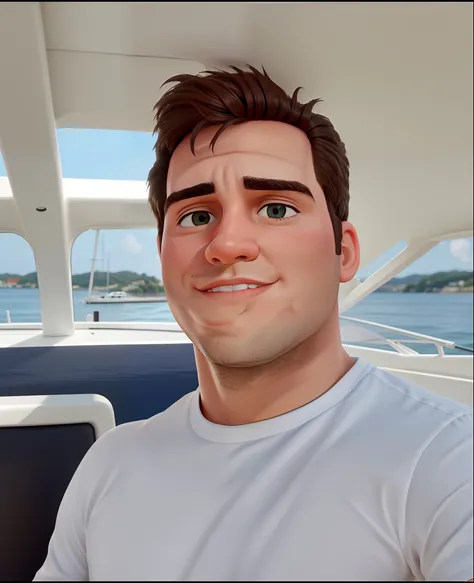 Man in white shirt sitting on a boat looking at camera, em um barco, Homem de 26 anos em um veleiro, Streamer do Twitch / Jogador Ludwig, em um iate no mar, foto de perfil headshot, no mar, em um barco em um lago, em um super iate, Fotografia selfie 8k, Ch...