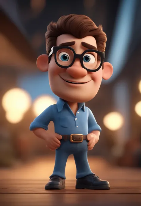 Cartoon character of a man with black glasses and a blue shirt, animation character, Caractere estilizado, animation style rendering, 3D estilizado, Arnold Maya render, 3 d render stylized, toon render keyshot, Personagem 3D, Personagem 3D, 3d rendering st...