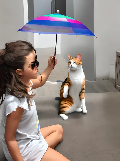 Araffe sitting on the floor with a cat and a rainbow umbrella, there is a cat next to her, segurando um guarda-chuva, segurando um guarda-chuva, segurando guarda-chuva, Acariciando um gato, fazendo uma pose majestosa, special attention to posing, admiring ...