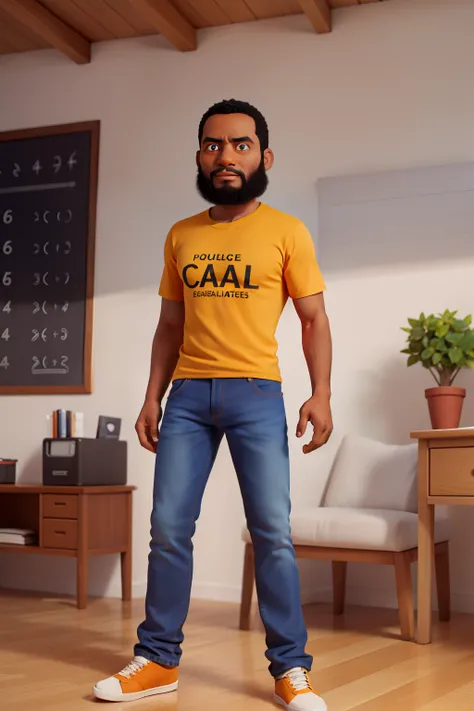 Mathematics Teacher, negro, calca jeans e camiseta amarela, em frente a um quadro, careca, sem barba