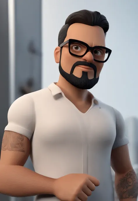 Cartoon character of a man with black glasses and a black polo shirt, cabelo liso, With beard and old school tattoo on his arm, animation character, Caractere estilizado, animation style rendering, 3D estilizado, Arnold Maya render, 3 d render stylized, to...