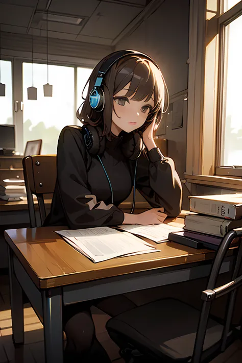 a woman sitting at a desk with headphones on